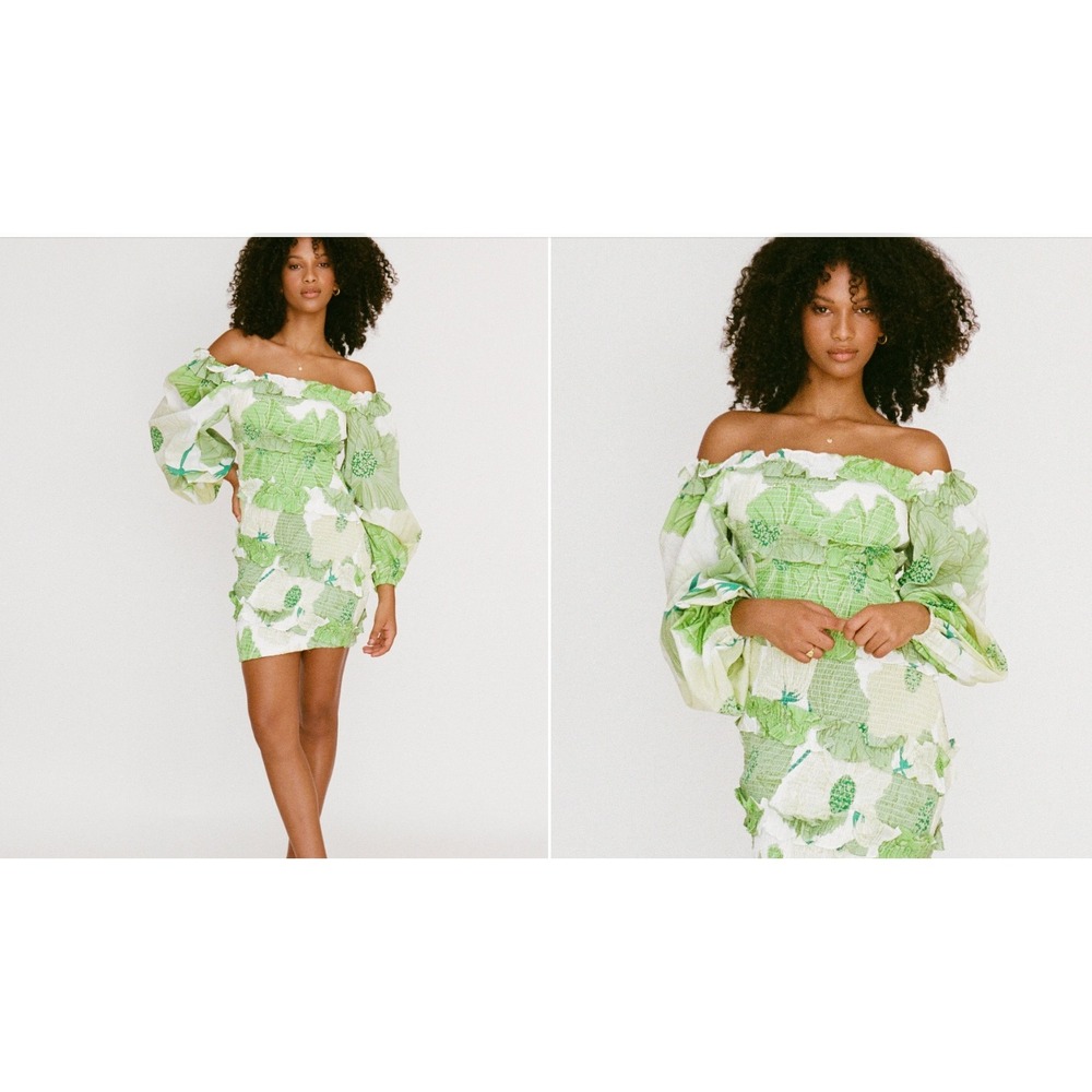 Sabo Berlyn Shirred Dress Mini Green Floral Smocked Ruffle Long Sleeve Size M